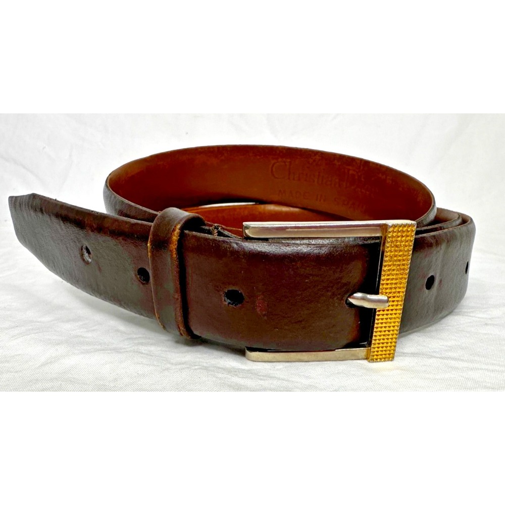 VTG Christian Dior Belt Split Leather Brown Sz 38 Gold Texture Buckle